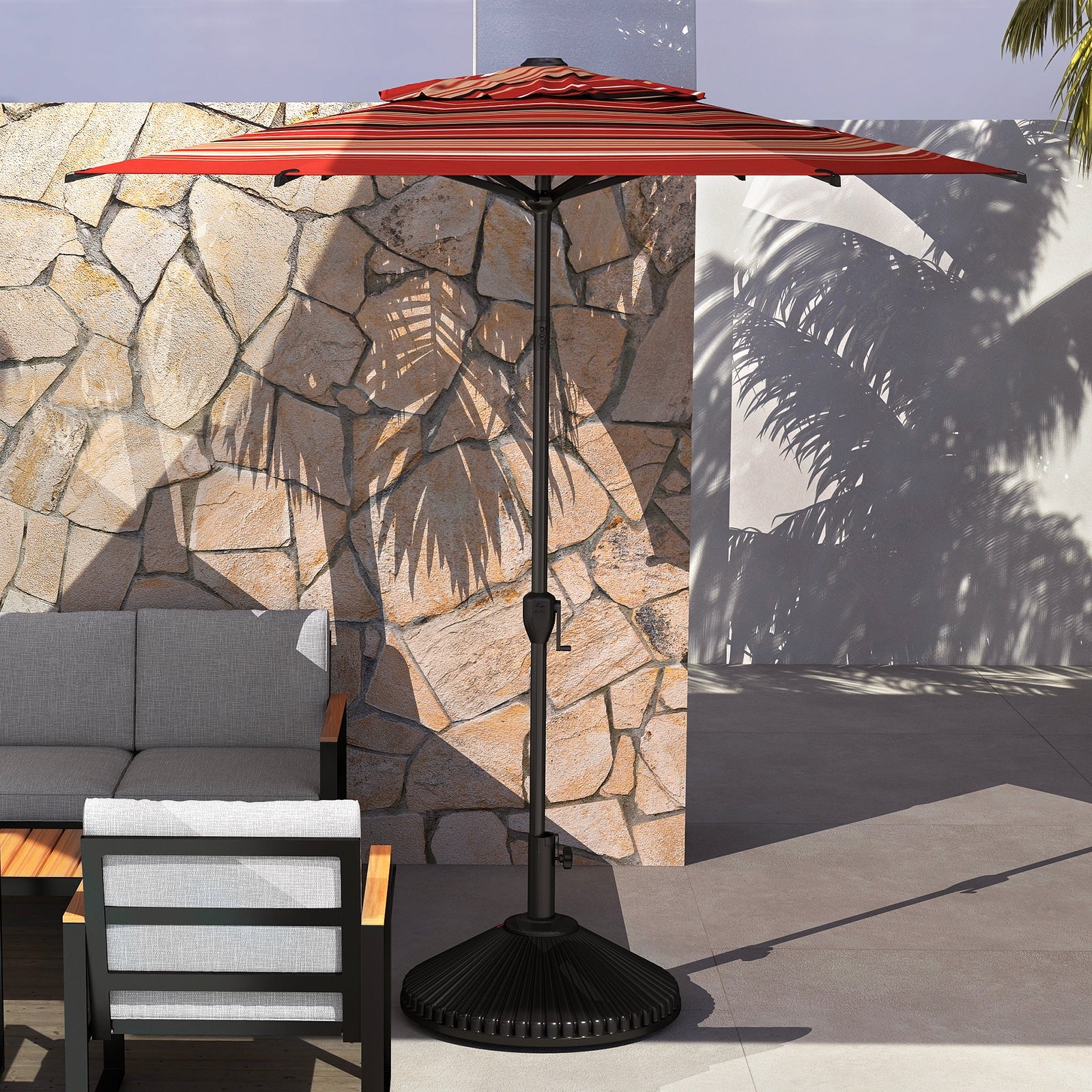 abba patio 9 ft umbrella striped flag Lyon 2023| Feet With Push Button Tilt and Crank 9ft / Red while the UV Stars & Stripes Flag Crank