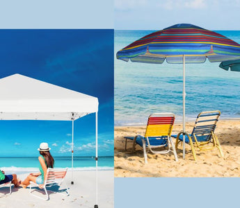 beach umbrella vs patio umbrella TheLAShop 6ft 8-Rib Wood Tilt Food Cart A chic wavy Beach Umbrella vs. Pop-Up Canopy: