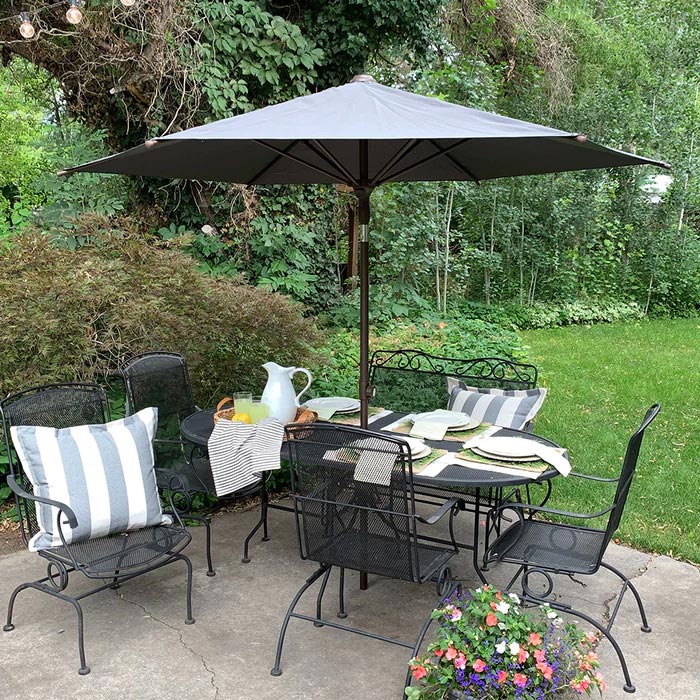 abaa patio umbrella Abba 9FT Lyon Outdoor Patio Outdoor Table Umbrella with Push Button Tilt and Crank Market Umbrella 8 Sturdy Ribs UV Protection Waterproof for Garden Deck Backyard Pool, Navy Blue threaded joint Abba Patio Table Market Umbrella