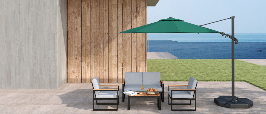 minimal deck with green cantilever umbrella and outdoor sofa set