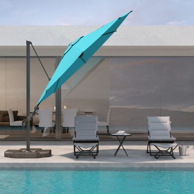 light blue cantilever offset umbrella near the pool