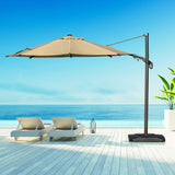 a patio offset umbrella with beach chairs