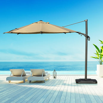 a patio offset umbrella with beach chairs